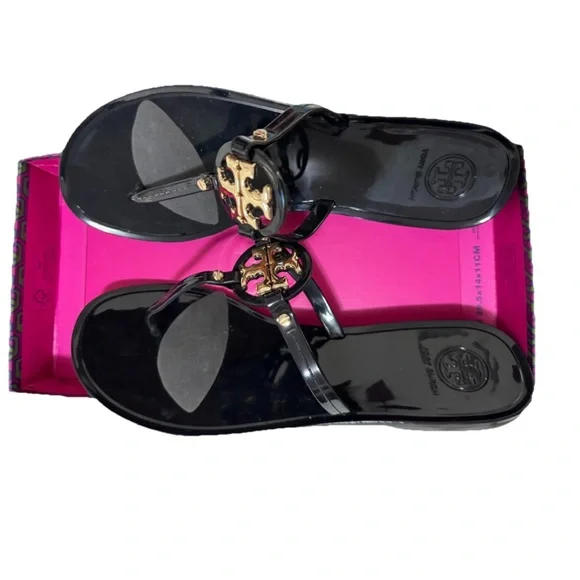 NIB! Sz 9 Tory Burch Mini Miller Thong Sandals in Black/Gold w/Toe Pad - Picture 3 of 12